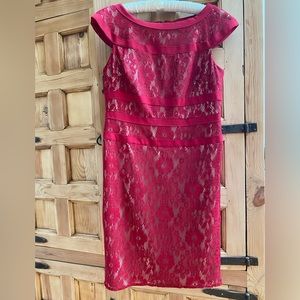 Adrianna Papell Red Lace over nude Cap Sleeve Sheath Dress Cocktail - Size 12